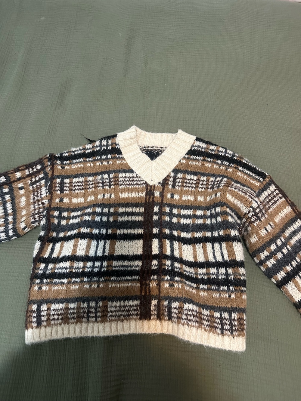 ASOS Brown, Cream & Black Plaid V-Neck Sweater